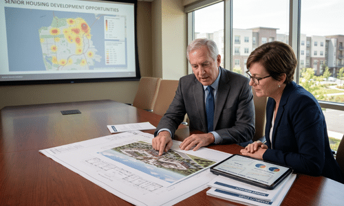 Investors at table discussing senior housing market analysis