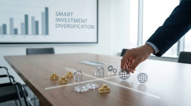Table showing diagram of real estate with miniatures